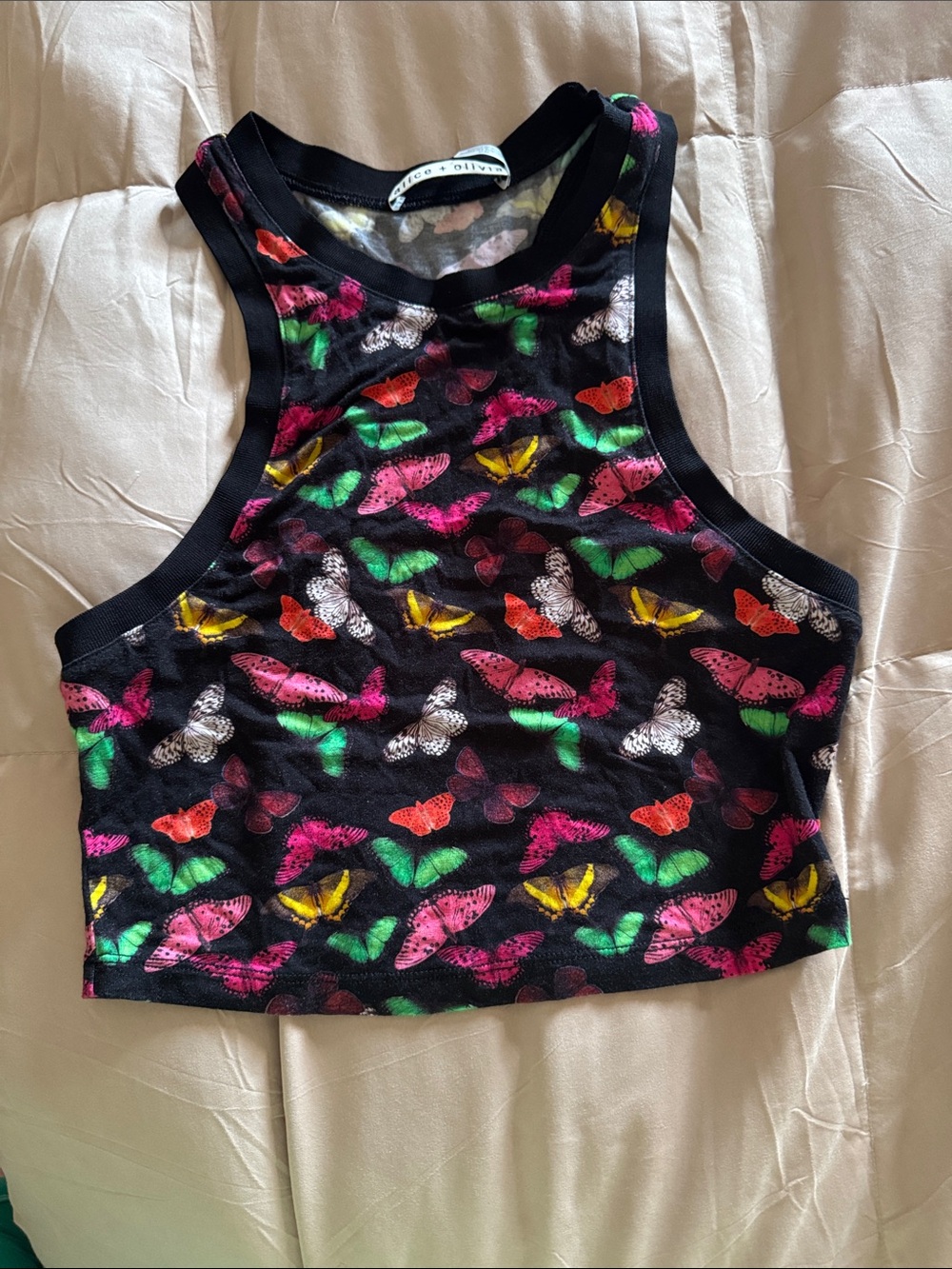 Alice + Olivia Black Crop Tank with Multicolor Butterfly Print